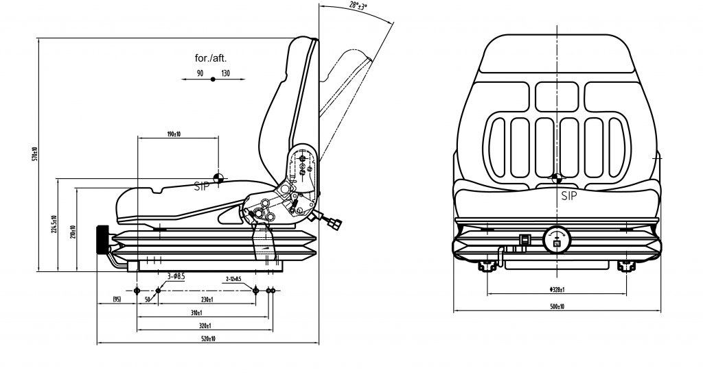 MU PARTS Marco Uebele - Schleppersitz für schrägen Aufbau, Sitzfläche  klappbar, PVC
